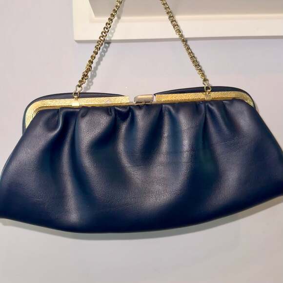 Vintage Navy Blue Leather Clutch with Tucked Pleated Detail - Picture 1 of 6